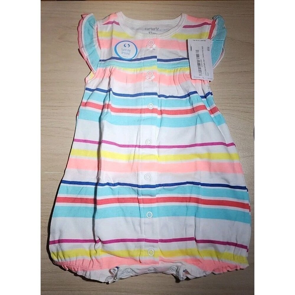 Carter's Baby Girl Sleeveless Romper 12M Stripes Multi Color Heart On Backside